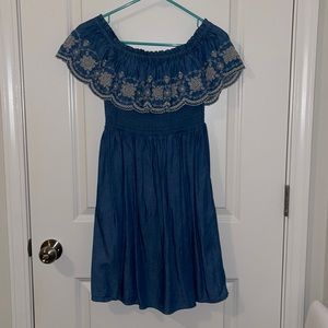 Jean Colored Embroidered Dress with Pockets
